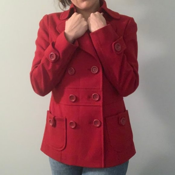 Bright Red Pea Coat Forever 21 - Picture 2 of 10